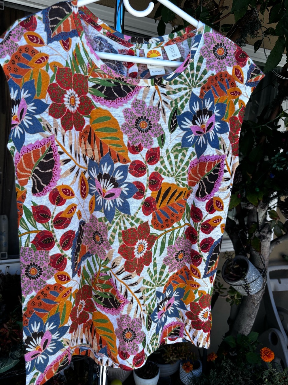 100% Linen Tshirt Top Sleeveless Bright Floral Full Button Back Size M - Picture 8 of 13